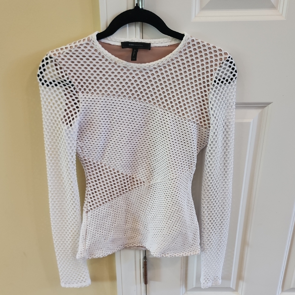 BCBGMaxAzria White Fitted Puff Sleeve Blouse